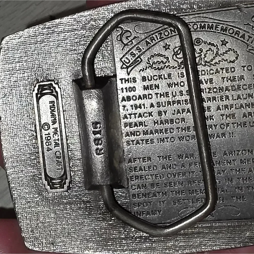 Vtg 1984 USS Arizona Commemorative Belt Buckle Pearl Harbor Indiana Metal Craft